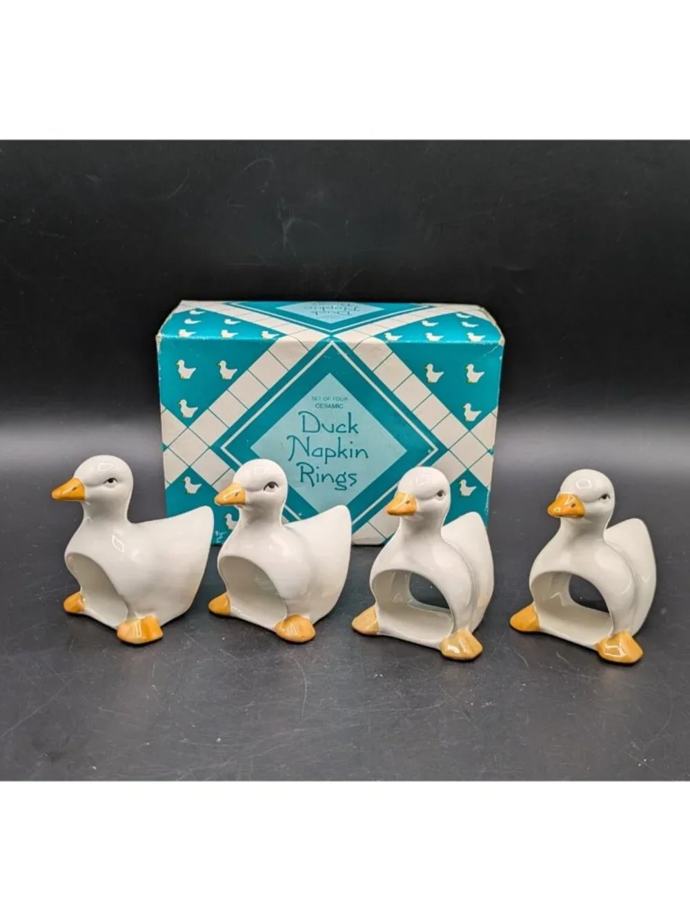 Vintage White Ceramic Duck Goose Napkin Rings Set of 4 in Box Farmhouse Cottage